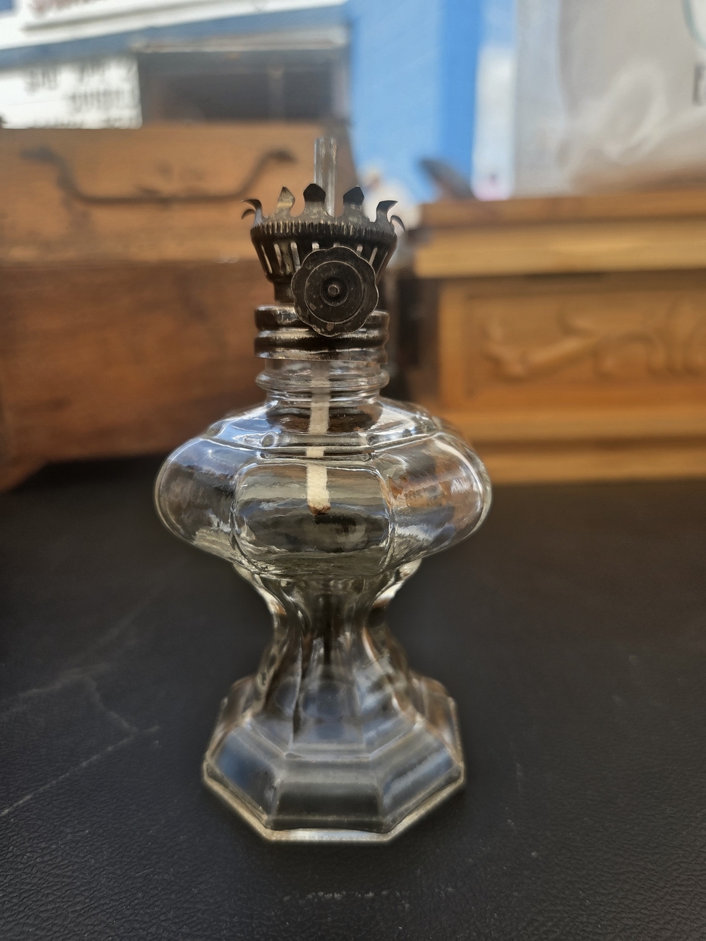 Vintage Clear Glass Oil Lamp with Metal Burner